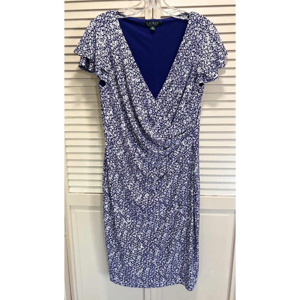 Lauren Ralph Lauren Short Flutter Sleeve Floral Faux Wrap Dress Size 10 Blue/Wh